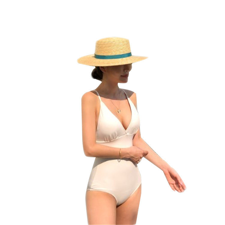 One Piece Swimsuit Solid Color Conservative Cover Belly Thin Swimsuit Women Halter Bikini Women Bella Mia